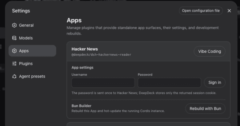 Hacker News App 设置中的 Vibe Coding 入口