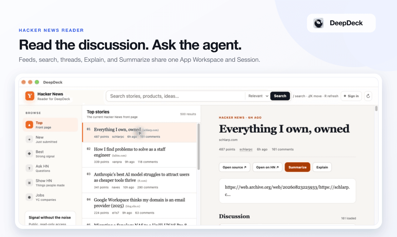 DeepDeck Hacker News Reader App 的阅读与 AI 操作界面