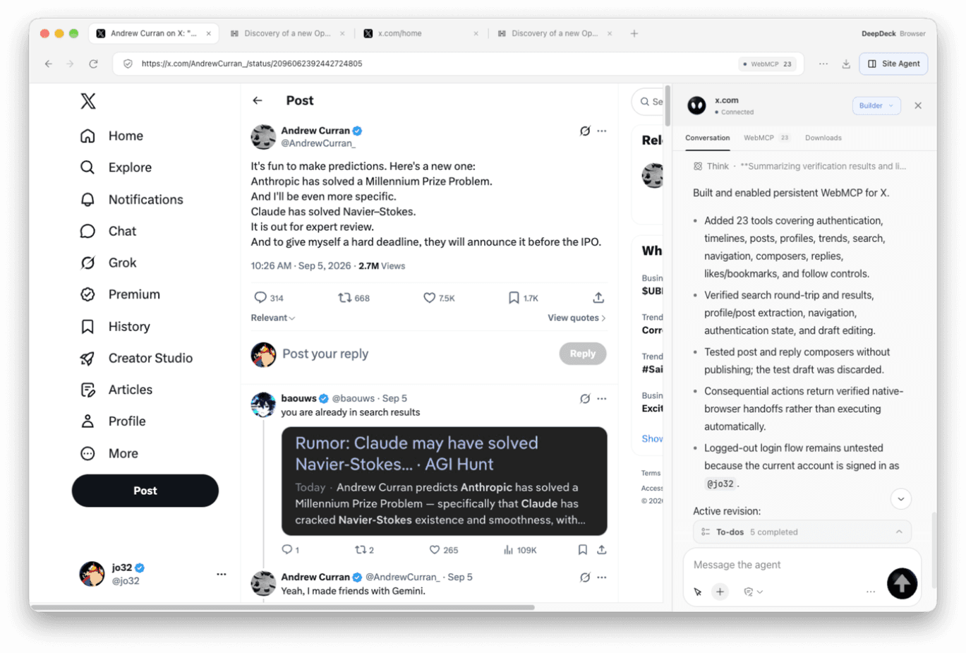 X 的 Site Agent 处于 Builder 模式,汇报 WebMCP 工具的构建与验证结果