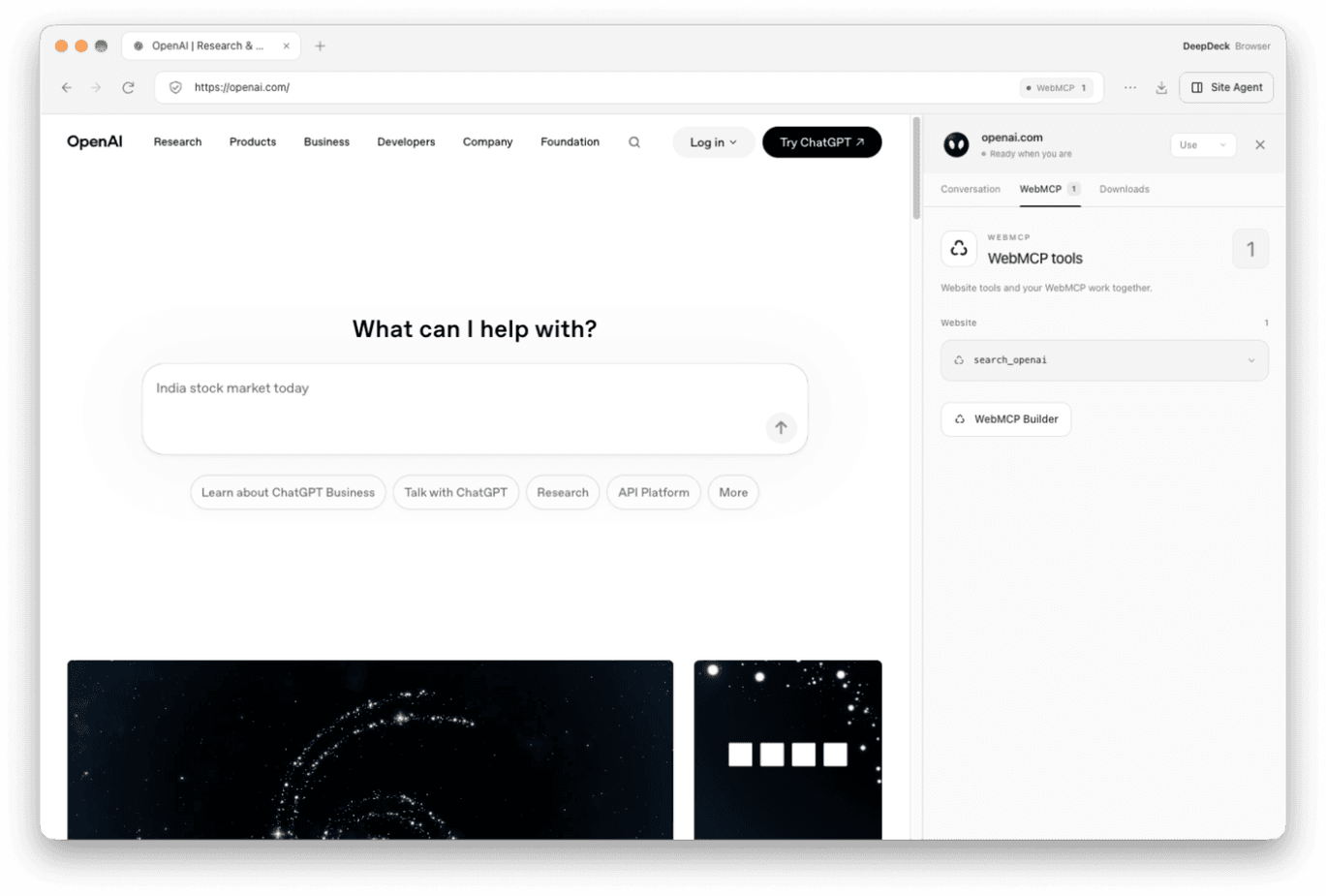 DeepDeck 在 openai.com 自动发现 search_openai WebMCP 工具