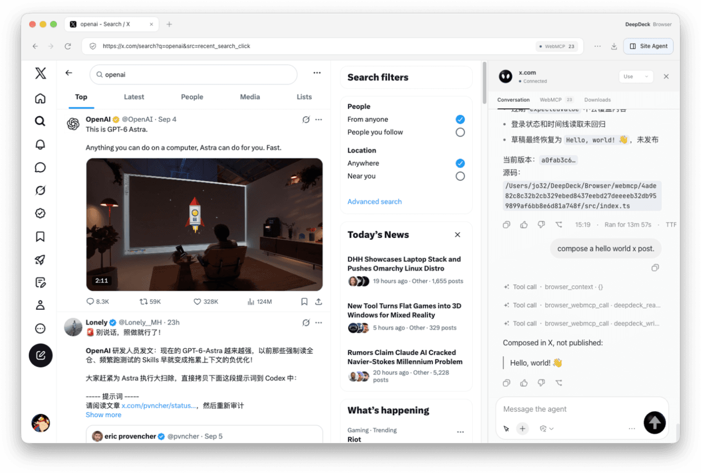 Use 模式调用 WebMCP,在 X 中准备 Hello world 草稿,未发布帖子